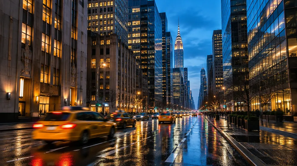 Art Deco and glass towers along a Midtown Manhattan avenue at blue hour, with yellow taxis on the wet street
