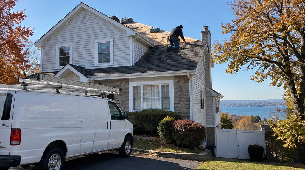 A roofer nailing architectural shingles on a sunny roof in New York City