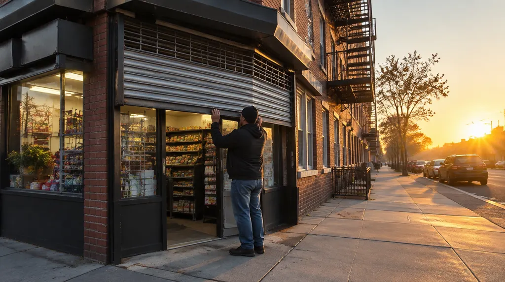 A shop owner raising the roll-down gate of a Queens corner store at sunrise