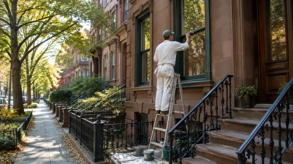 A painter rolling fresh paint on an exterior wall in New York City