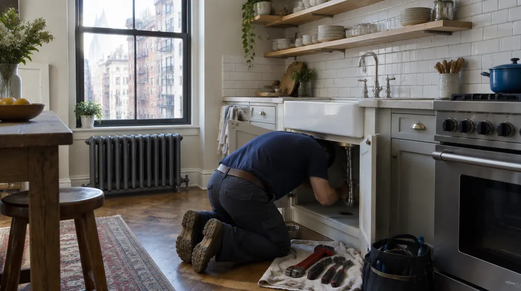A plumber kneeling under a kitchen sink fitting a new pipe in New York City
