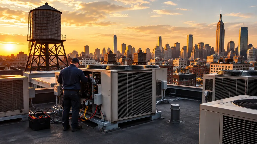 An HVAC technician servicing an outdoor condenser beside a house in New York City