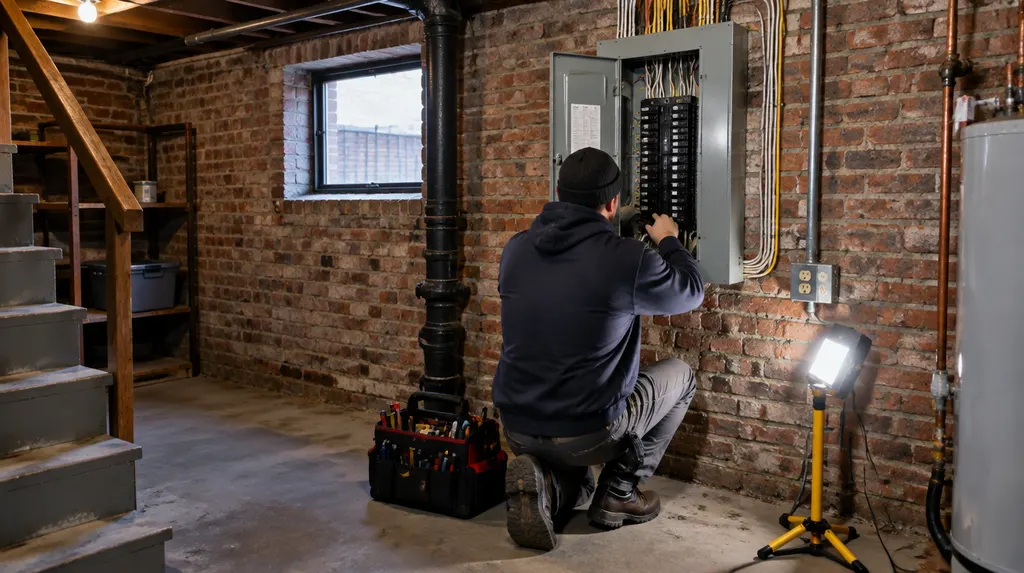 An electrician working on an open breaker panel in New York City