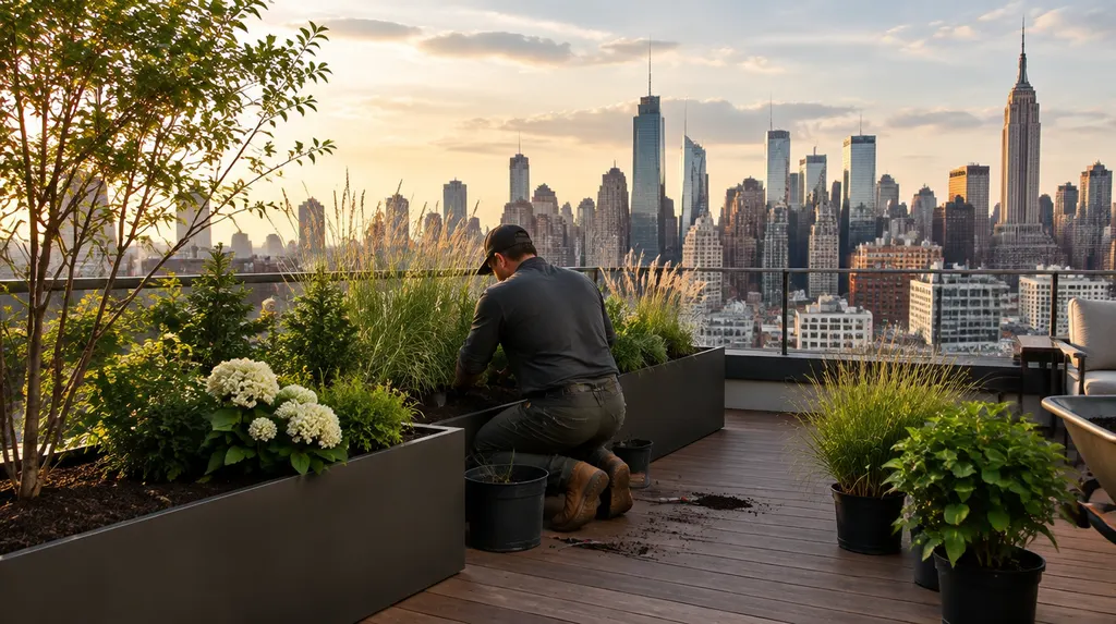 A landscaper mowing a striped green lawn in New York City