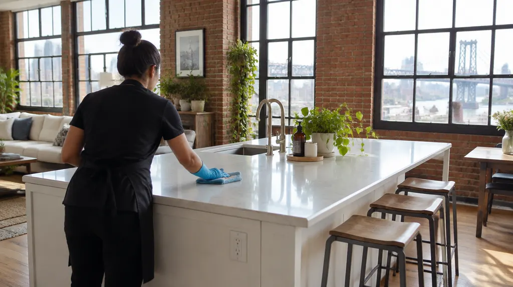 A house cleaner wiping a bright kitchen island in New York City