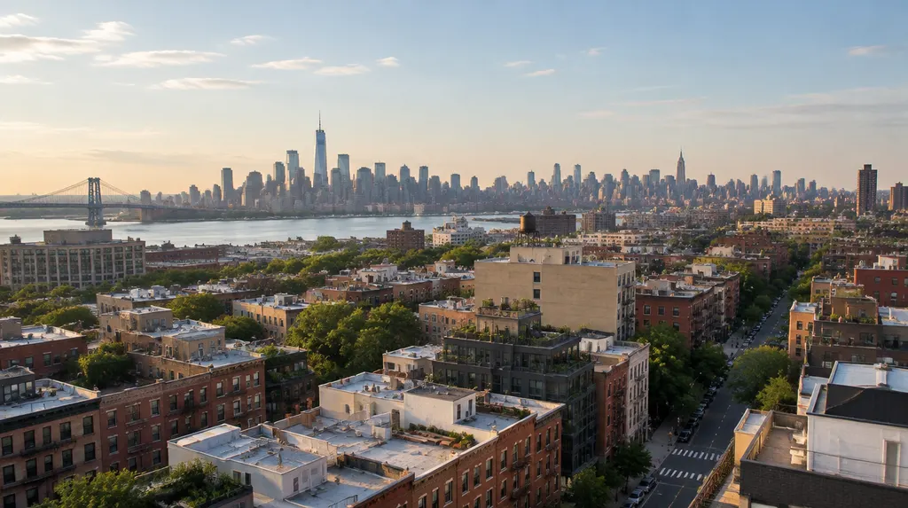 Aerial view over New York City neighborhoods with the Manhattan skyline in the distance