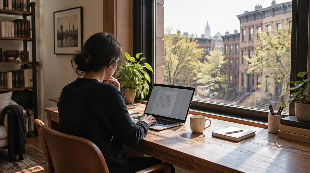 A business owner reading answers on a laptop at a sunny desk in New York City