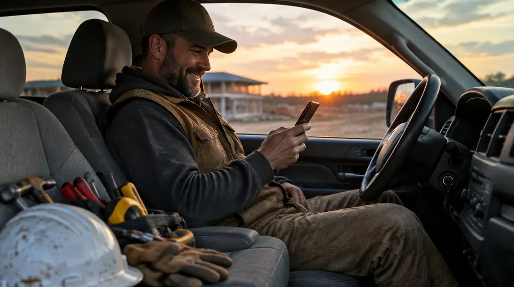 A contractor in a work truck smiling at a phone notification