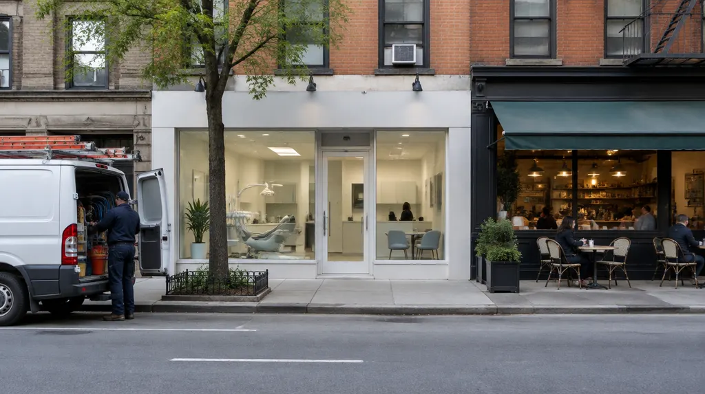 A New York City street with a service van, a dental office and a café side by side