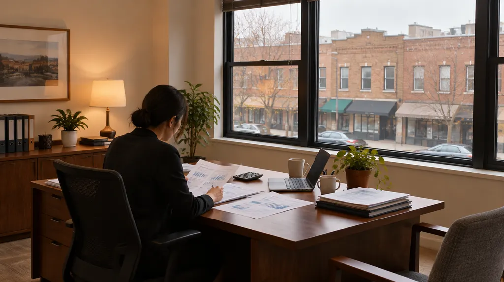 An accountant reviewing financial reports at a desk in New York City