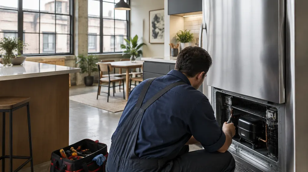 A technician repairing a refrigerator in a kitchen in New York City