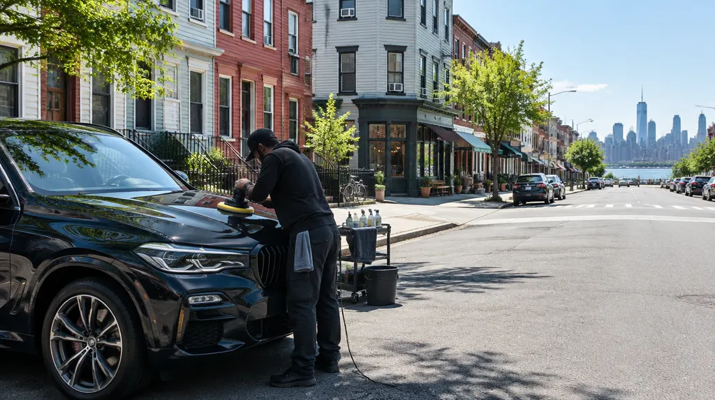 A detailer polishing the glossy hood of a dark SUV in New York City