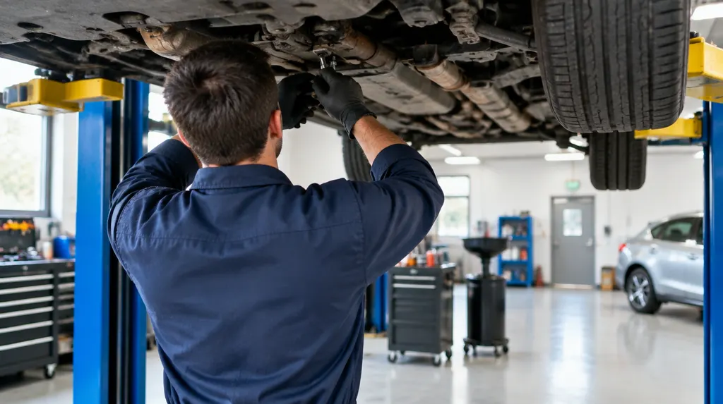 A mechanic working under a car on a lift in New York City