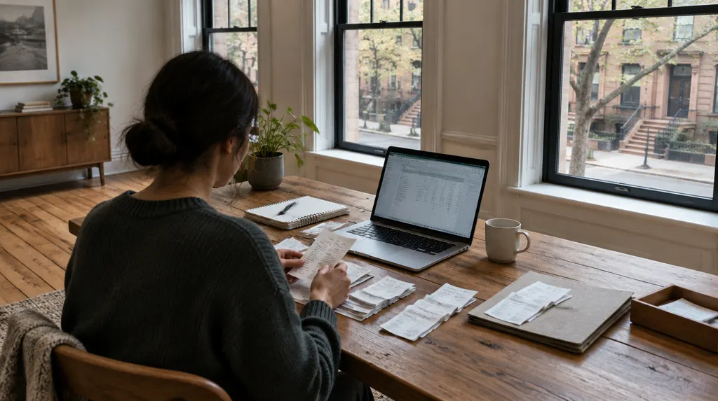 A bookkeeper organizing receipts and a laptop in New York City