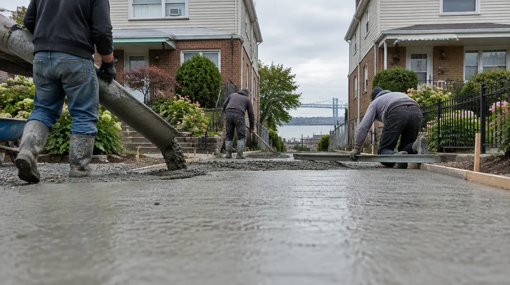 A crew pouring and screeding a new concrete driveway in New York City