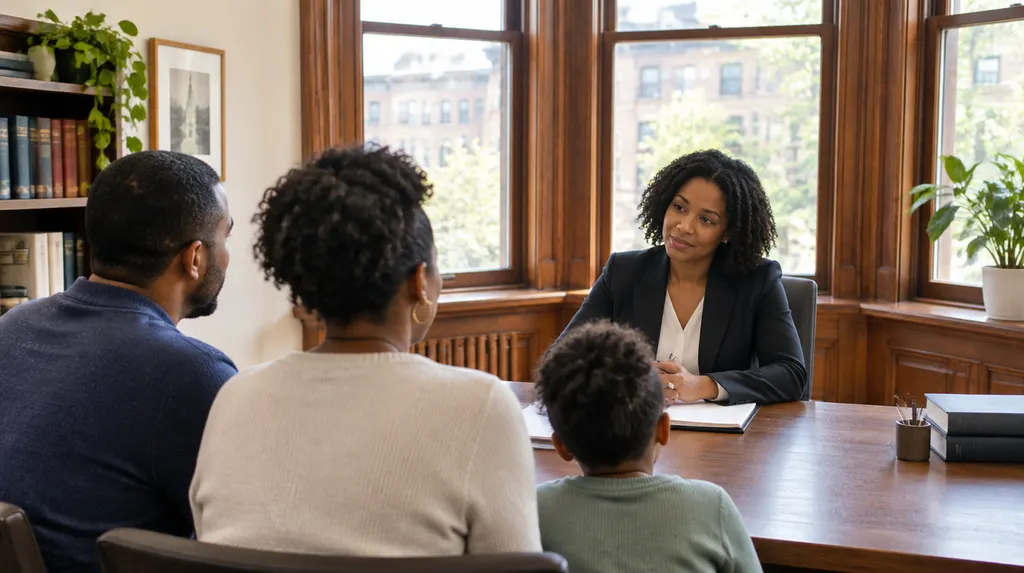 A family lawyer in a calm, bright office in New York City