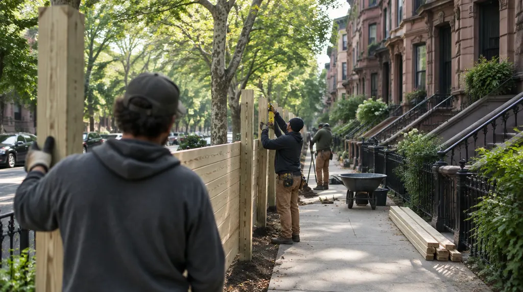A crew setting posts for a new wood privacy fence in New York City