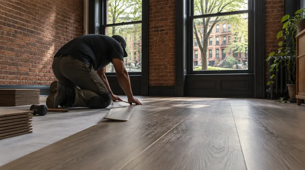 An installer laying luxury vinyl plank flooring in New York City