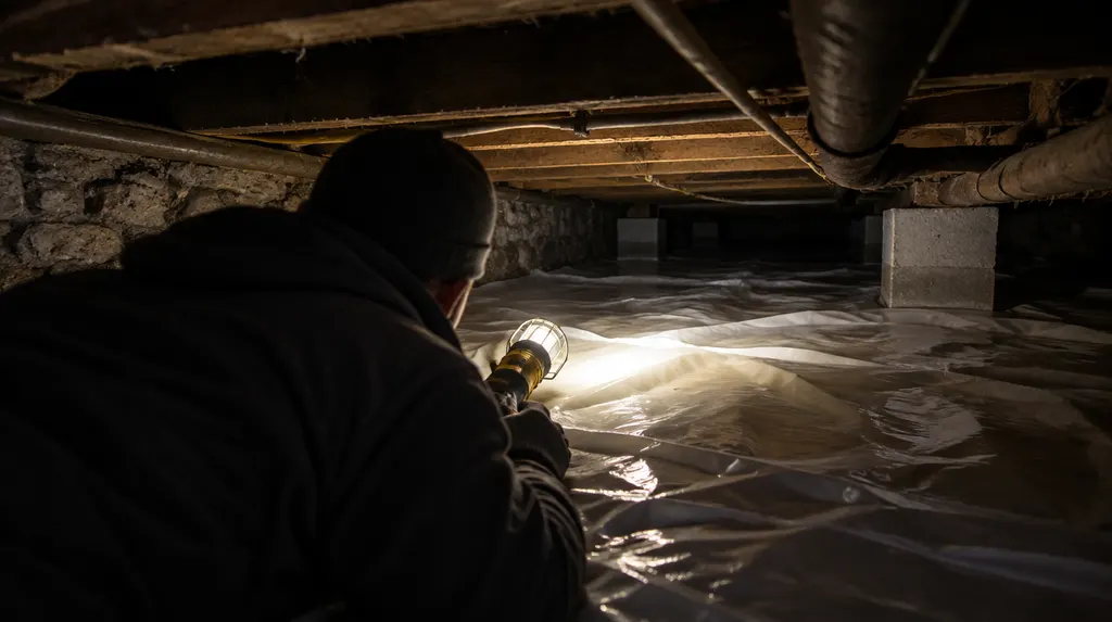 A technician inspecting a crawl space with a vapor barrier in New York City