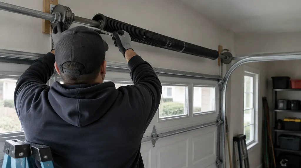 A technician replacing a torsion spring above a garage door in New York City