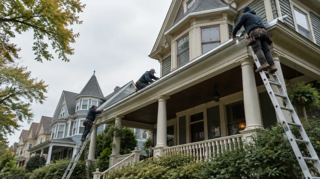 A crew installing seamless gutters on a house in New York City
