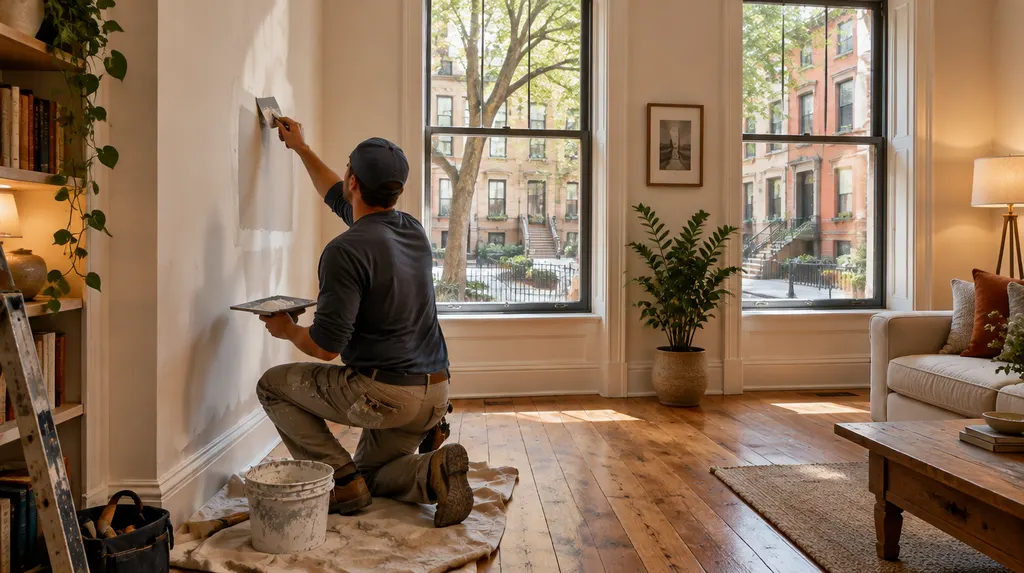A handyman patching drywall in a bright room in New York City