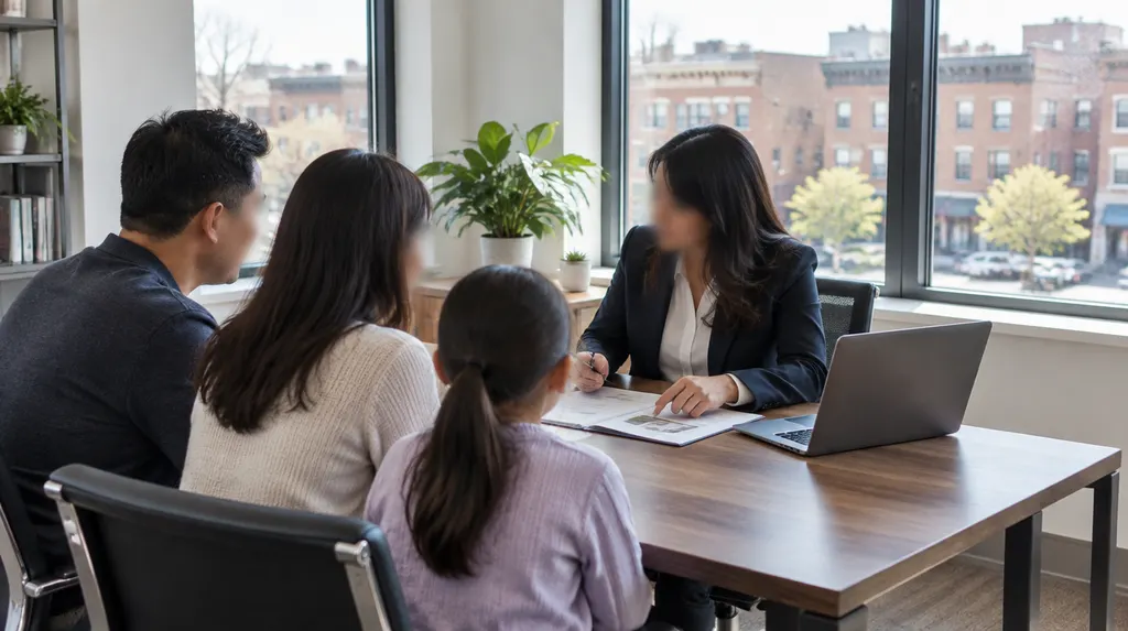 An insurance agent meeting a family in an office in New York City