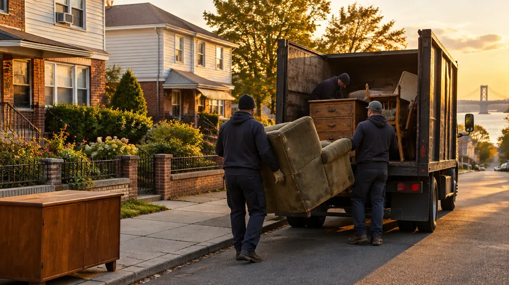 A crew loading old furniture into a junk removal truck in New York City