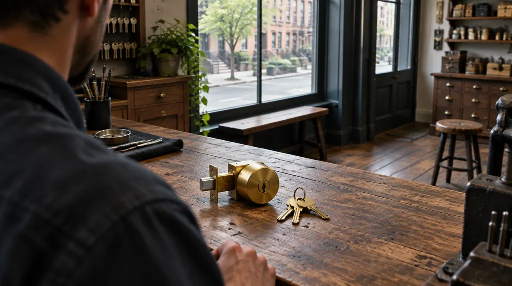 A new brass deadbolt lock and a set of keys on a locksmith’s workbench in New York City