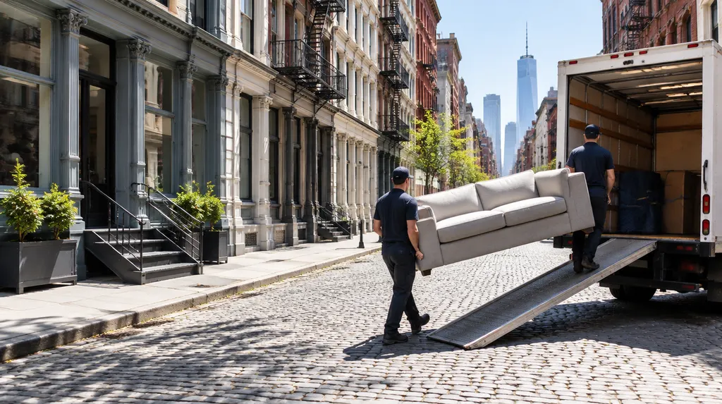 Movers carrying a sofa into a moving truck in New York City