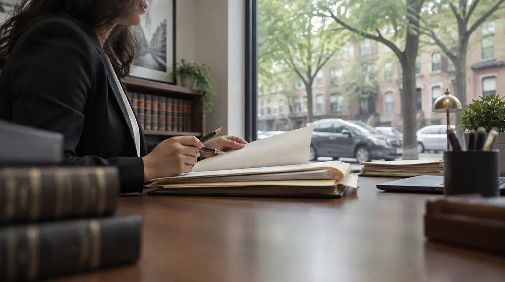 A lawyer reviewing a case file in a law office in New York City