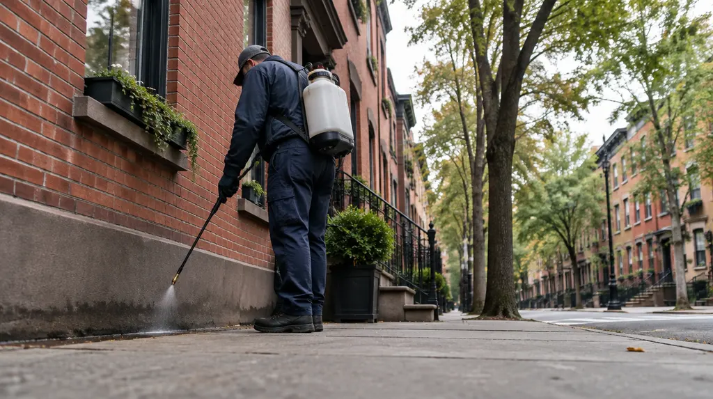 A pest control technician spraying the foundation of a house in New York City