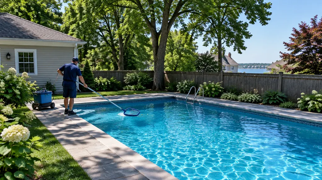 A pool technician skimming a sparkling backyard pool in New York City