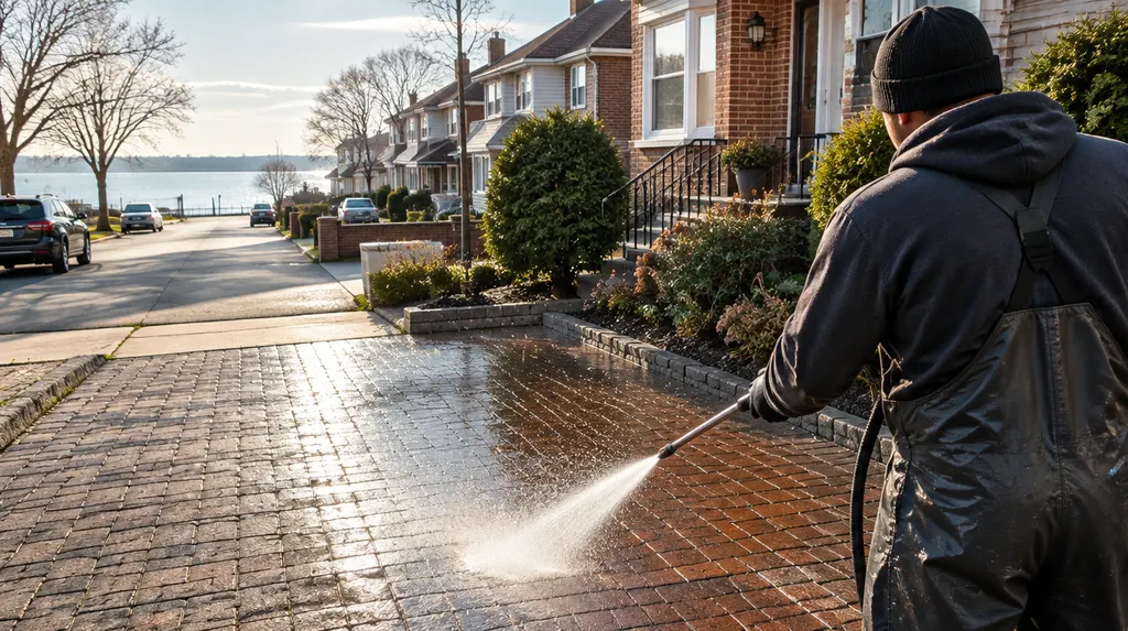 Pressure washing a brick driveway with sparkling spray in New York City