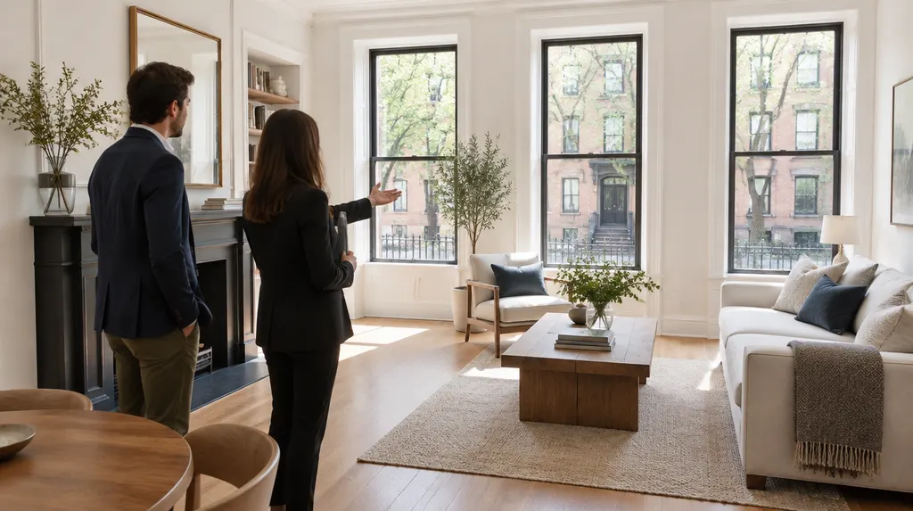 A real estate agent showing a bright living room in New York City