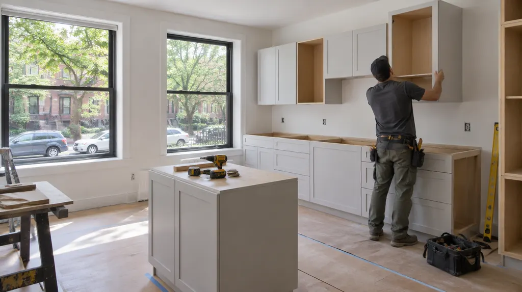 A remodeler installing new kitchen cabinets in New York City