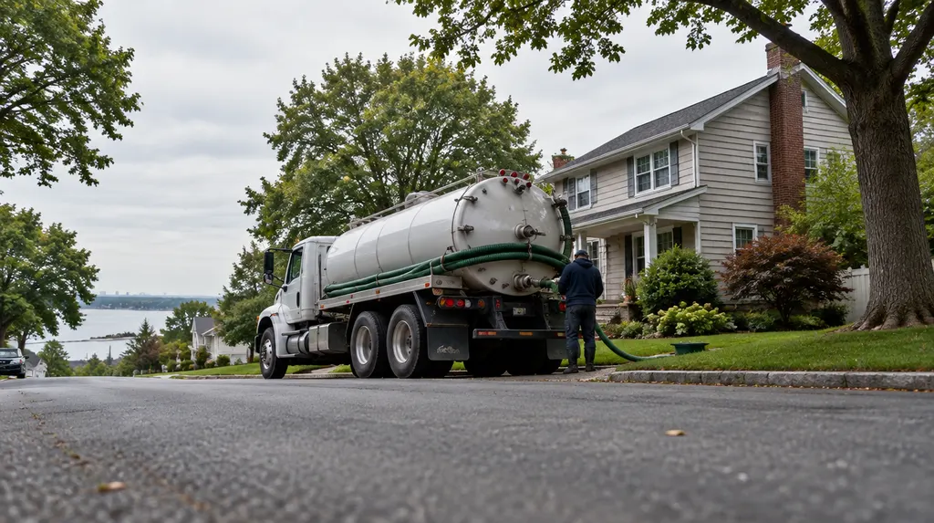 A septic pump truck parked beside a detached house in New York City