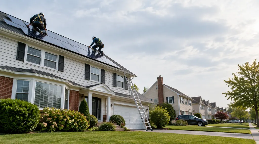 Installers mounting solar panels on a sunny roof in New York City