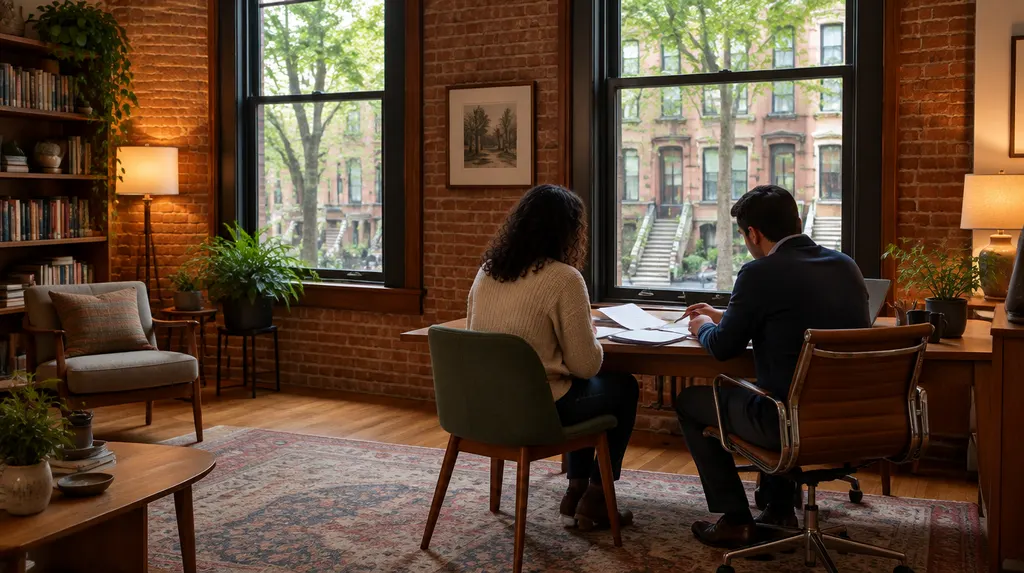 A tax preparer reviewing documents with a client in New York City