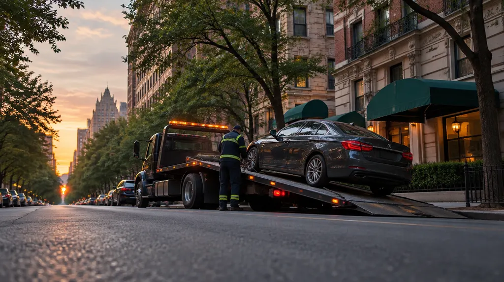 A flatbed tow truck loading a car at dusk in New York City