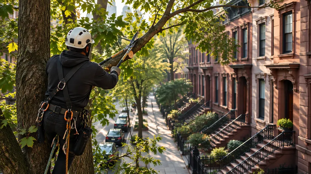 An arborist in a harness pruning a tall street tree in New York City