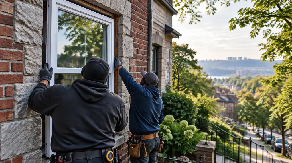 Installers fitting a new double-hung window in New York City