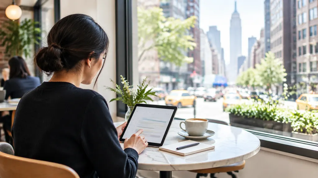 A small business owner reviewing a monthly website plan on a tablet at a café table