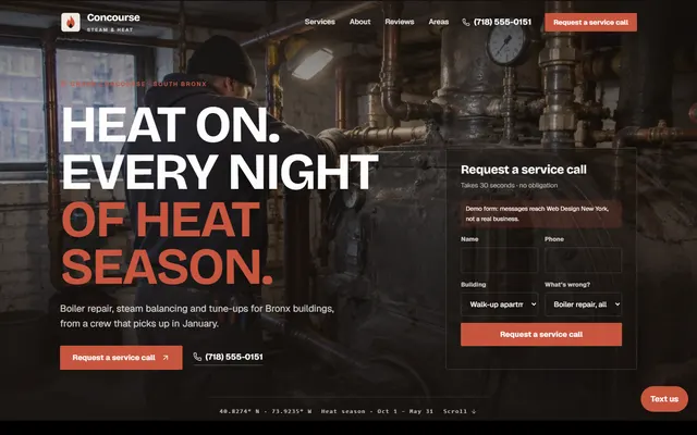 Homepage of the Concourse Steam & Heat sample site