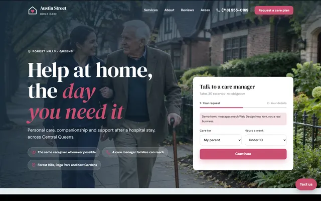 Homepage of the Austin Street Home Care sample site