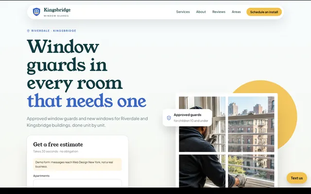 Homepage of the Kingsbridge Window Guards sample site